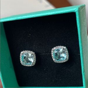 Square halo blue topaz earrings